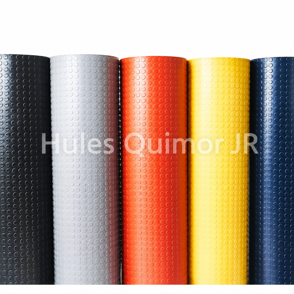 Rollos de linóleo en colores negro, gris, naranja, amarillo y azul
