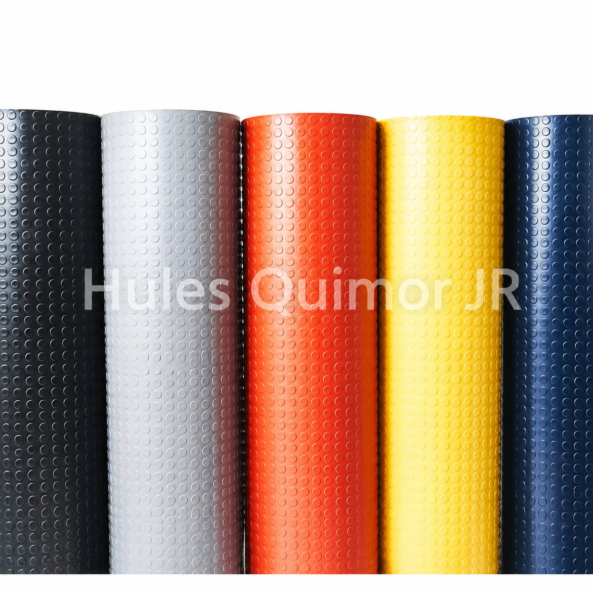 Rollos de linóleo en colores negro, gris, naranja, amarillo y azul