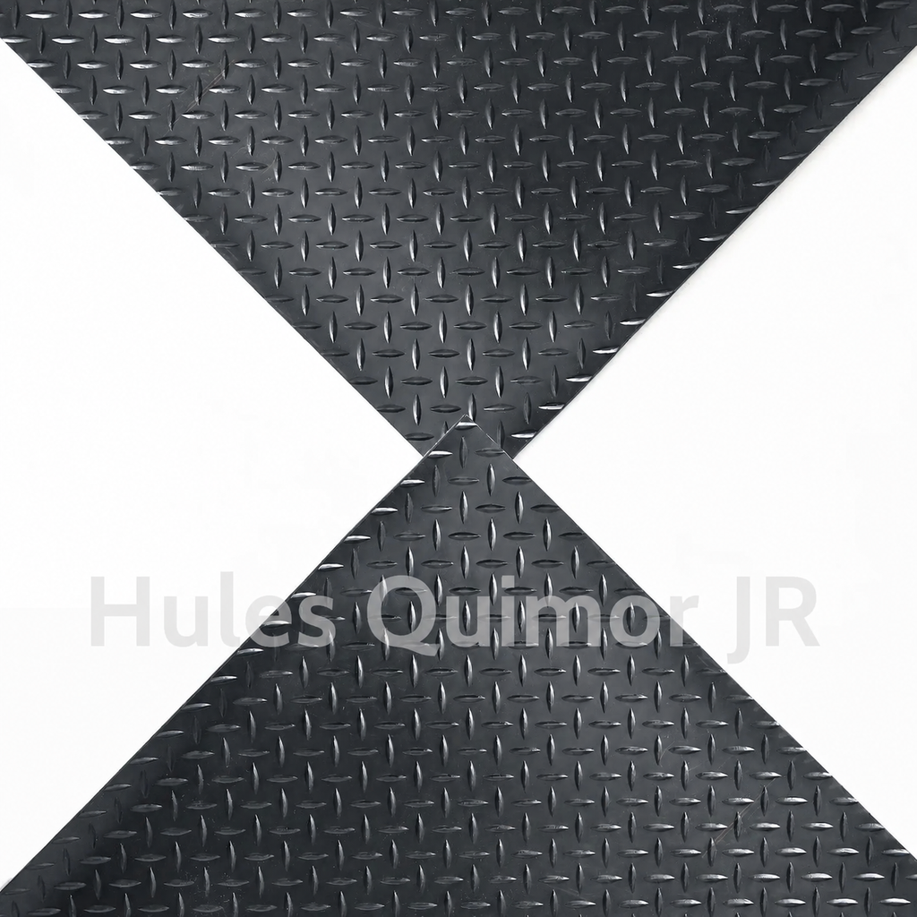 Dos esquinas de piso de hule tipo espiga cruzadas, vista superior